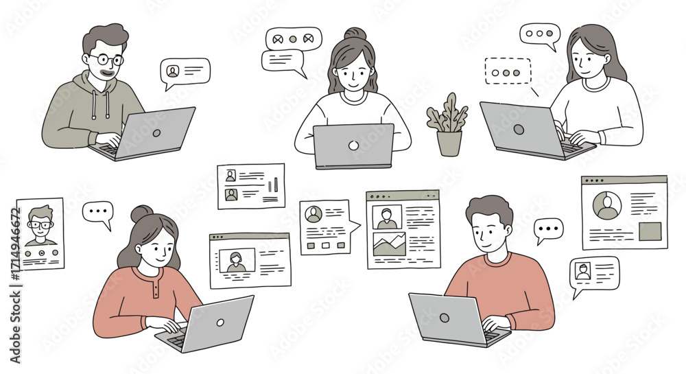 Poster collaborative remote work with laptops and digital communication in minimalis…