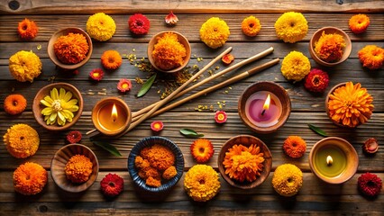Colorful marigold flowers and petals arranged with candles and chopsticks on a textured wooden background, evoking a festive and spiritual ambiance