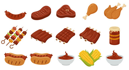 A cartoon assortment of barbecue foods including meats ribs sauce corn and hot dogs © G Factory