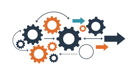 Collaborative gear mechanism with arrows on white background