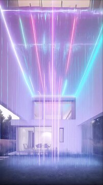 Render of a modern house where the exterior magically morphs from one villa to another with neon glowing effects, creating a futuristic architectural transformation.