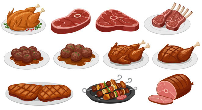 An array of meat dishes chicken steak ribs meatballs skewers  ham each presented on plates or platters