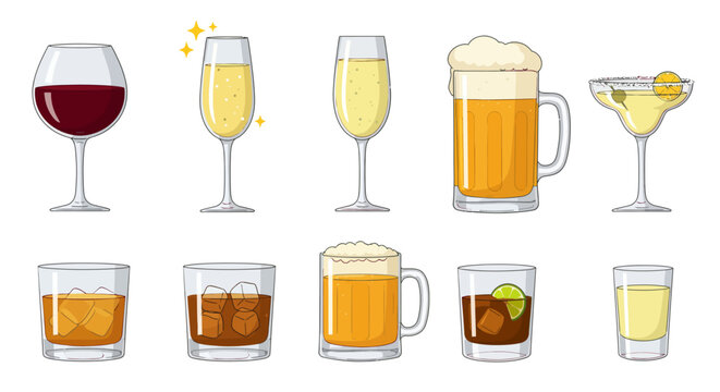 An array of stylized alcohol drinks from beer mugs to stemmed wine glasses fills the image
