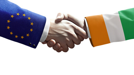 Handshake between European Union and Ivory Coast symbolizing diplomacy, cooperation, partnership, trade, and international relations.