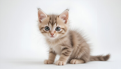 Obraz premium Adorable kitten with striking eyes sits poised, ready for play in soft, inviting studio scene