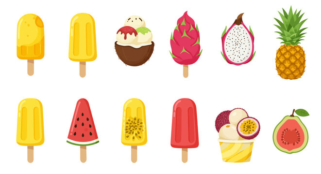 An illustration of tropical fruit flavored popsicles and desserts