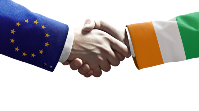 Handshake between European Union and Ivory Coast symbolizing diplomacy, cooperation, partnership, trade, and international relations.
