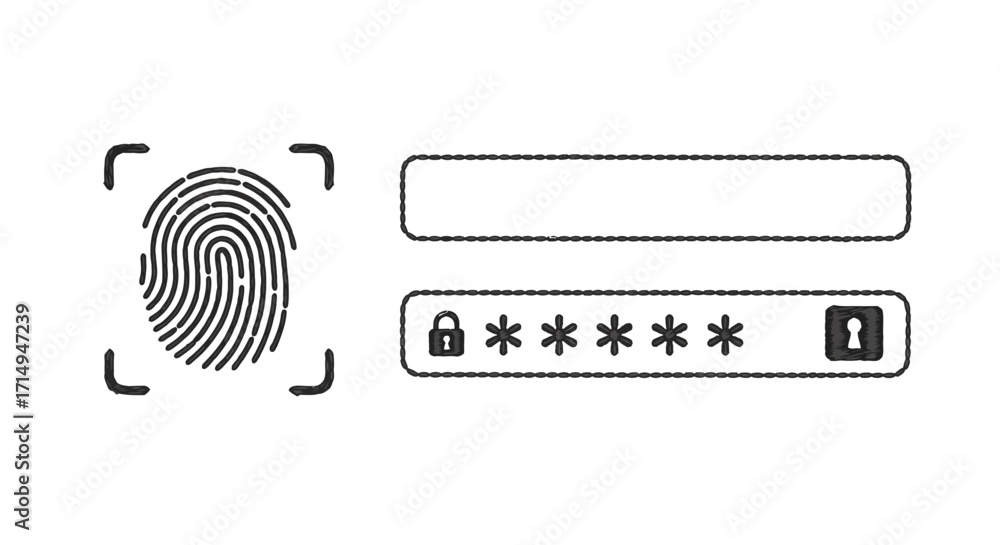 Poster digital security icons: fingerprint and password protection in sketch style