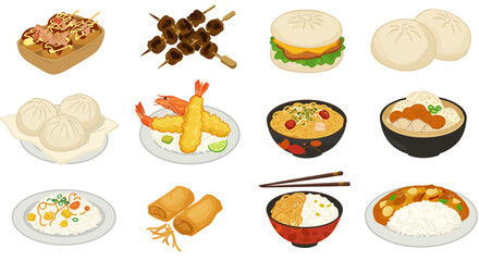 Assortment of Asian dishes takoyaki skewers buns dumplings tempura ramen rice egg rolls and curry