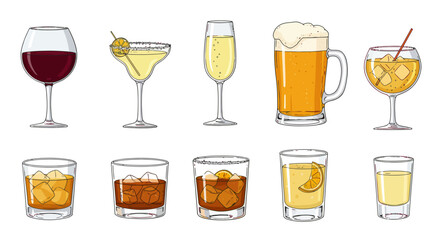 Beverage collection various alcoholic drinks in glasses