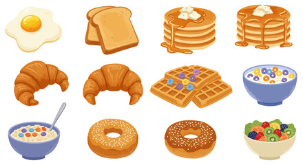 Breakfast foods are displayed including egg toast cereal pancakes bagels croissants and fruit