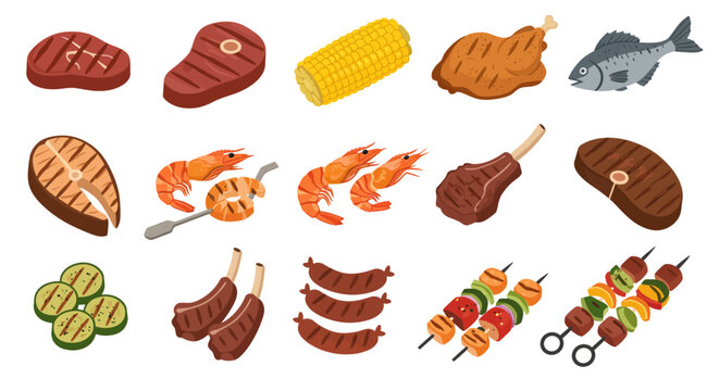 BBQ spread steak fish shrimp kabobs sausage corn ribs zucchini  chicken leg depicted