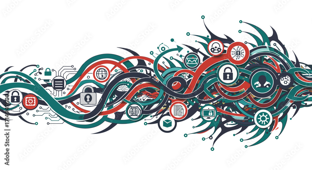 Poster intricate cyber security abstract with digital network icons and swirling pat…