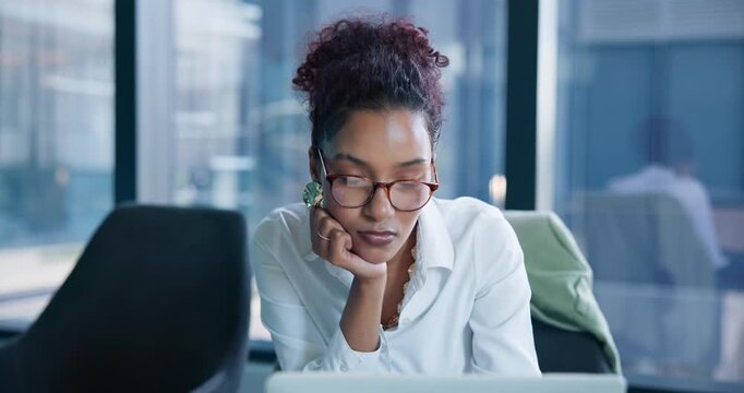 Business, scratching head and woman with laptop, thinking and online reading with problem solving. Person, employee and consultant in workplace, decision and planning with tech, email and eyewear