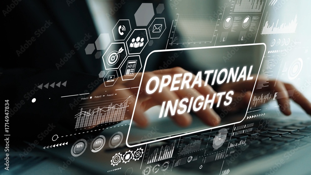 Poster hands typing on a laptop with data analytics graphics and operational insights text overlay for busi