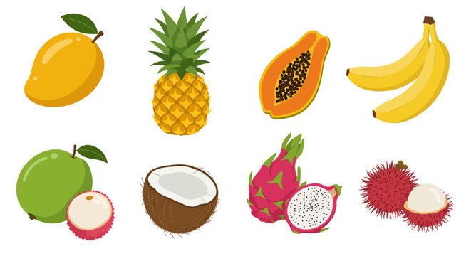 Eight cartoon fruits including mango pineapple papaya banana guava lychee coconut dragon fruit and rambutan - Powered by Adobe