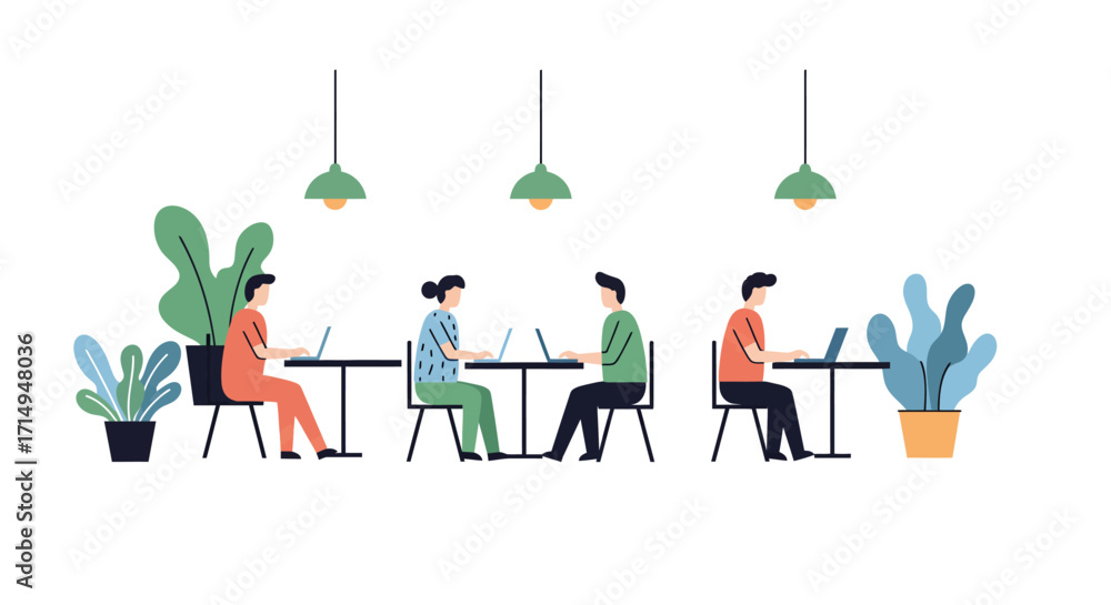 Poster modern office workspace with people working on laptops in minimalist setting
