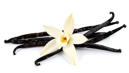 Vanilla pods and flower on white background