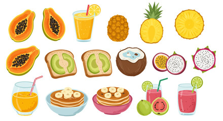 Food illustration features various fruits and breakfast items