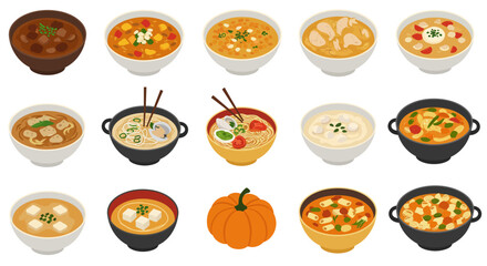 Foodthemed image with 14 bowls of soup or noodles and a pumpkin