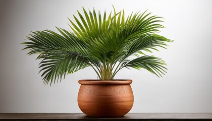 Fototapeta premium Lush Green Palm Plant Thriving In A Natural Clay Pot Against A Minimalist Backdrop Isolated On Transparent Background