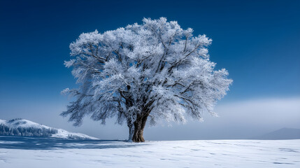 Majestic snow-covered tree standing alone in a vast winter landscape under a clear blue sky