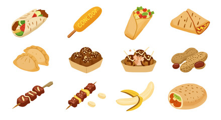 Illustration of food items wraps corn dog gyozas skewers banana peanuts takoyaki and chocolate balls