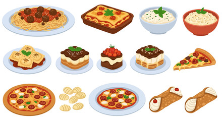 Image shows multiple Italian dishes pasta pizza lasagna ravioli risotto tiramisu cake cannoli  gnocchi