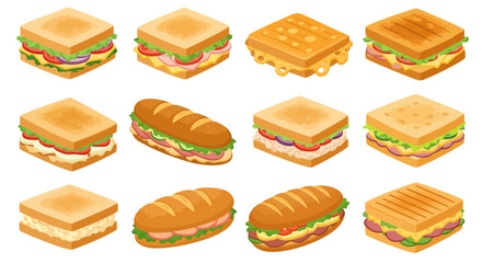 Isometric arrangement of sandwiches various shapes with fillings such as cheese lettuce ham tomato