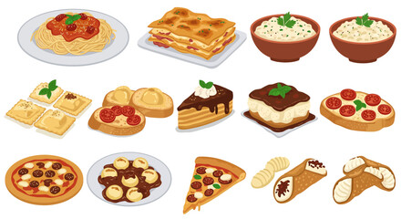 Italian food spread includes pasta pizza ravioli cannoli and various appetizers and desserts