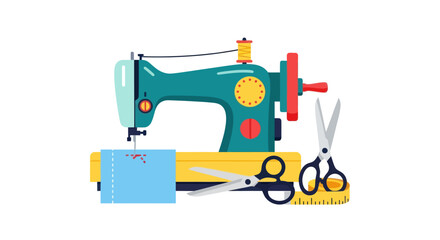 Colorful Illustration of a Vintage Sewing Machine and Scissors.