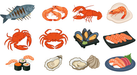 Seafood platter with grilled fish shrimp lobster crabs mussels oysters and sushi arranged in a grid