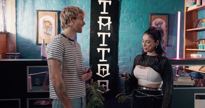 Phone, pos machine and payment with people in tattoo parlor or store for online banking, nfc or scan. Digital transaction, point of sale and cashier with customer for checkout app, retail and fintech