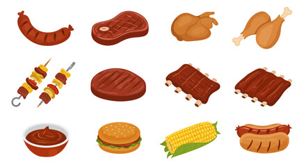 The image shows grilling foods like sausage steak chicken ribs skewers burgers corn and hotdogs