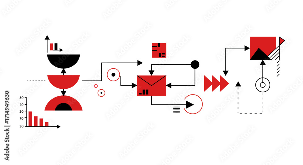 Poster abstract geometric diagram with arrows and data visualization elements in red…