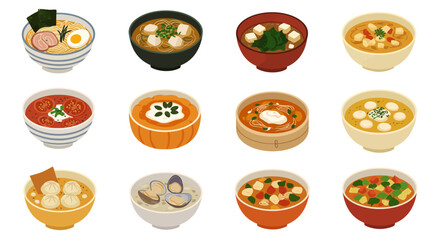 Twelve bowls of soup in different colors and styles arranged in a fourbythree grid