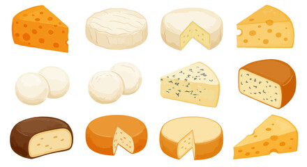 Twelve cartoon cheeses display diverse forms colors and textures on a white background