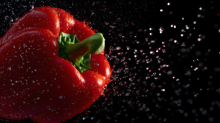 Fresh Red Pepper in Splendor: A captivating, high-definition image showcasing a vibrant red bell pepper adorned with droplets, a visual symphony of freshness, flavor, and culinary artistry.
