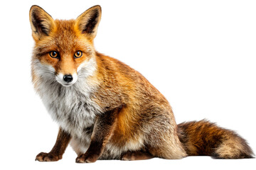 A fox with orange and white fur is sitting and looking directly at the viewer on black background