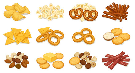 Various snacks like chips popcorn pretzels nachos nuts cheese onion dip jerky