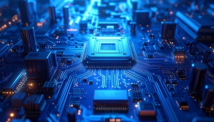 Close-up of a futuristic blue circuit board, highlighted with intricate pathways and a central processor, emanating digital energy