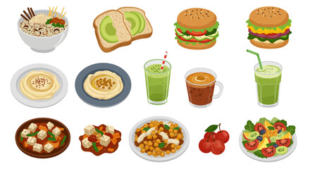 Vegan foods grain bowl toast burgers hummus tofu dishes chickpea dish smoothies coffee cherries and salad