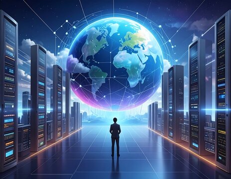 A modern data center, with a global network depicted in the background, showcases connectivity and technological advancement. - Powered by Adobe
