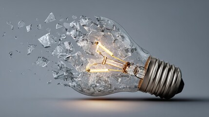 Stunning exploding light bulb symbolizes broken ideas, innovation failure, or creative destruction