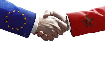 Handshake between European Union and Morocco symbolizing diplomacy, cooperation, trade, and international relations.