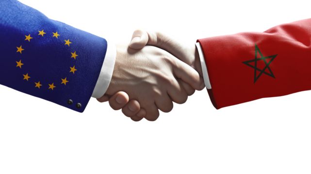 Handshake between European Union and Morocco symbolizing diplomacy, cooperation, trade, and international relations.