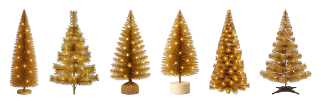 Metallic gold artificial Christmas tree set including diverse shapes and illuminated designs isolated. Festive holiday decor elements.