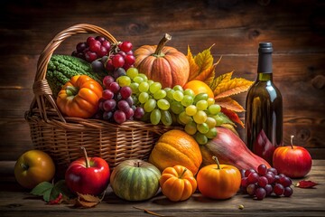 Autumn Harvest Bounty A Festive Still Life with Fruits Vegetables and Wine