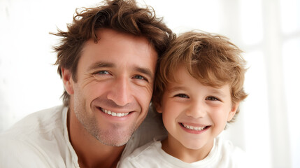 Smiling father and son enjoying quality time together in a bright, cheerful indoor setting