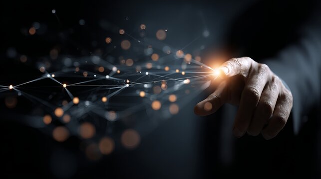 Dynamic businessman connecting with glowing digital network, innovation and future technology concept.